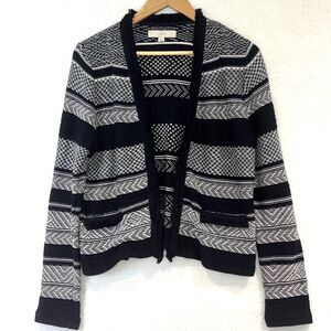 LOFT Navy and White Striped Fringe Trim Open Front Cardigan Sweater Jacket Sz M